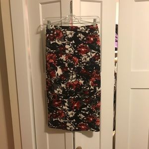 Red, Black & White Floral Midi Pencil Skirt